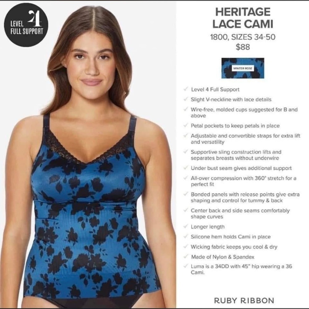 Ruby Ribbon Heritage Lace Cami 1800 Full Support 42 2XL Blue Floral Rose Shaping